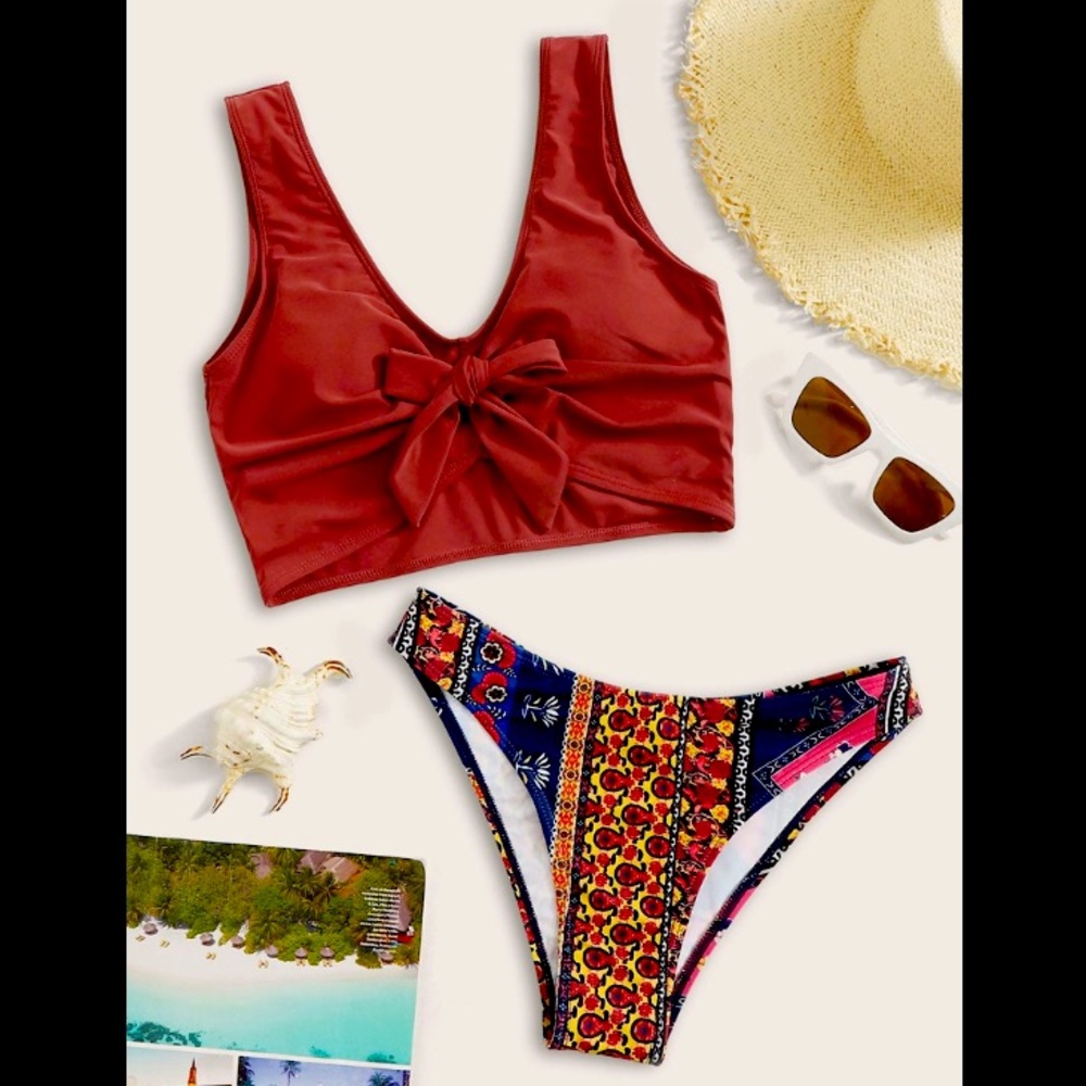 Tribal Print Tie Front High Cut Bikini Swimsuit